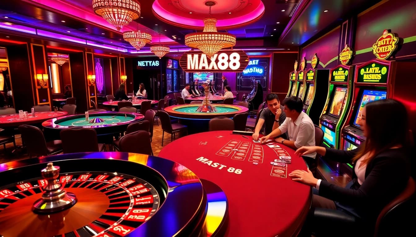 MAX88 casino scene showcasing vibrant tables, active players, and exciting roulette wheel spins.
