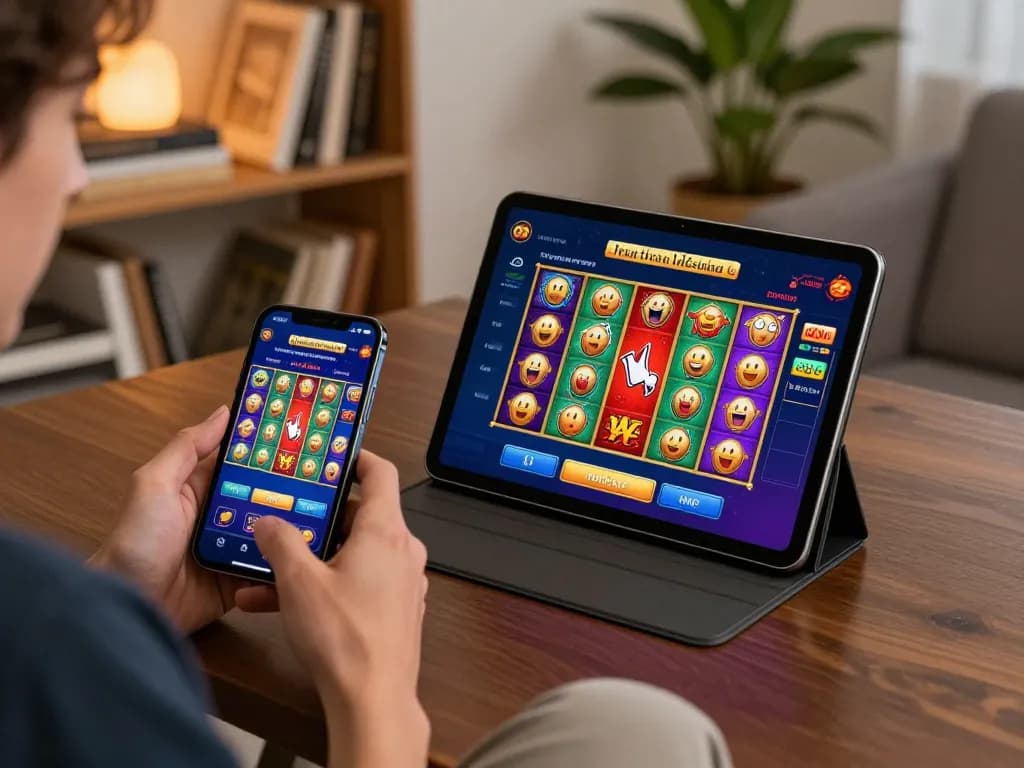 O8 online gameplay in a cozy living room, engaging with colorful slot games on a tablet.