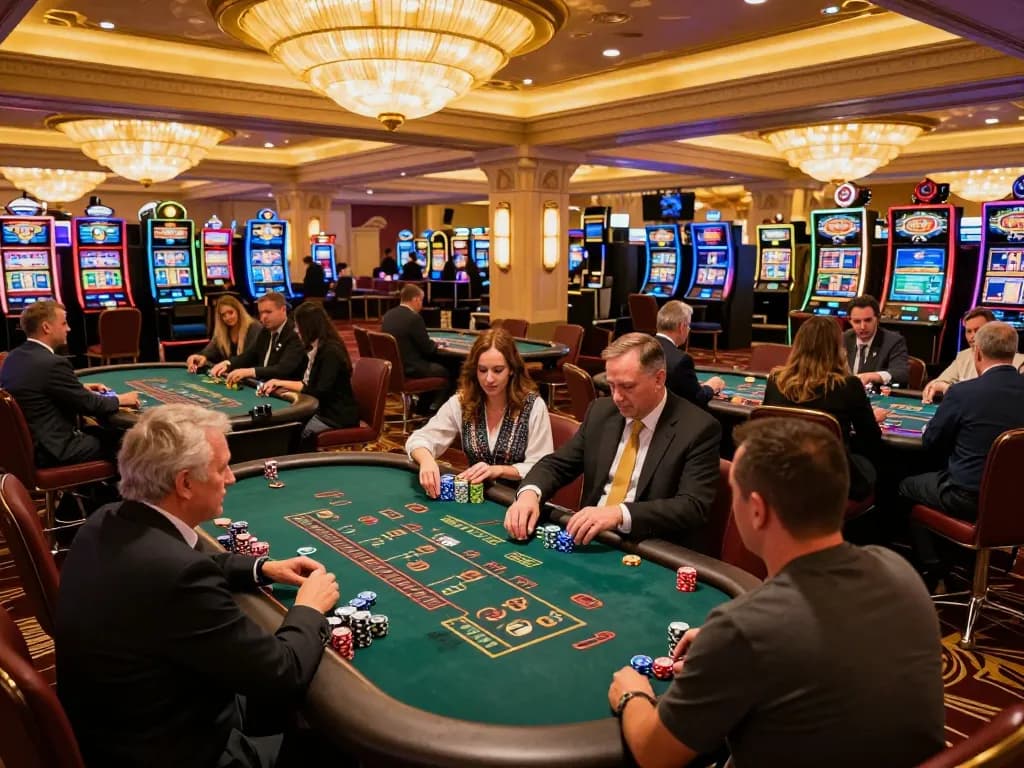 Players strategizing at blackjack tables in a vibrant Vegas casino with hm88 ambiance.