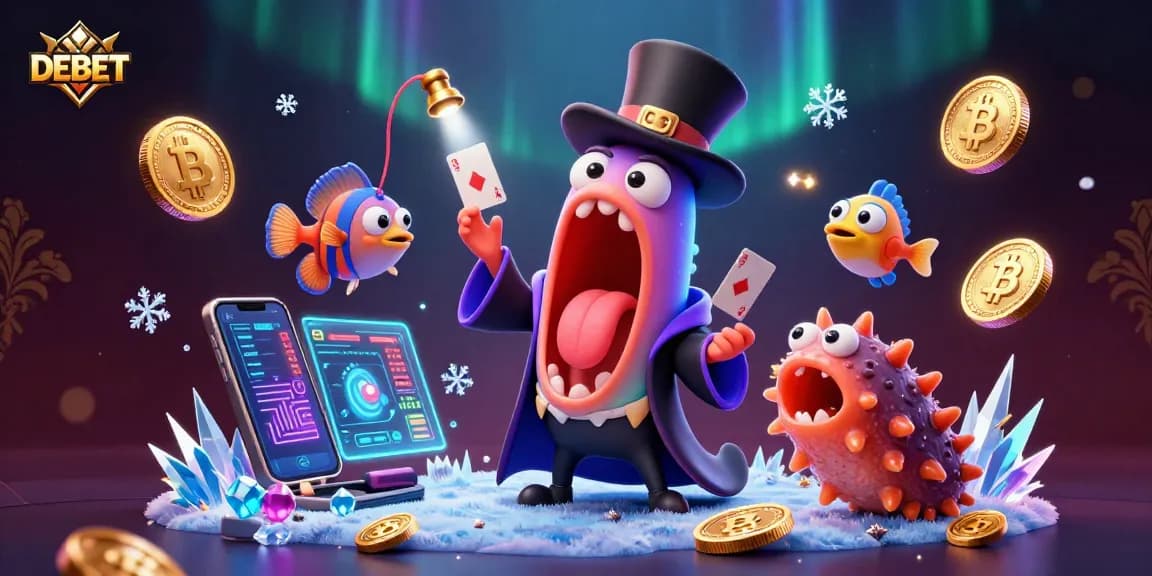 Engage with the DEBET casino experience through magical card tricks and crypto-themed elements.