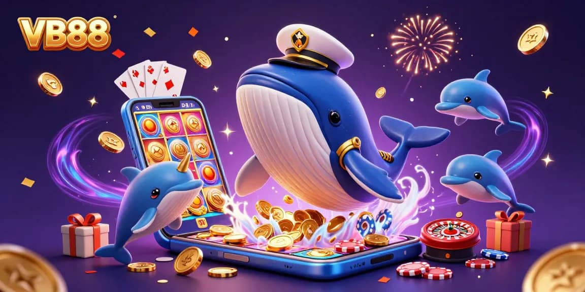 Experience the thrill of VB88 casino with a playful scene of a giant whale and dolphins amidst a treasure of coins.