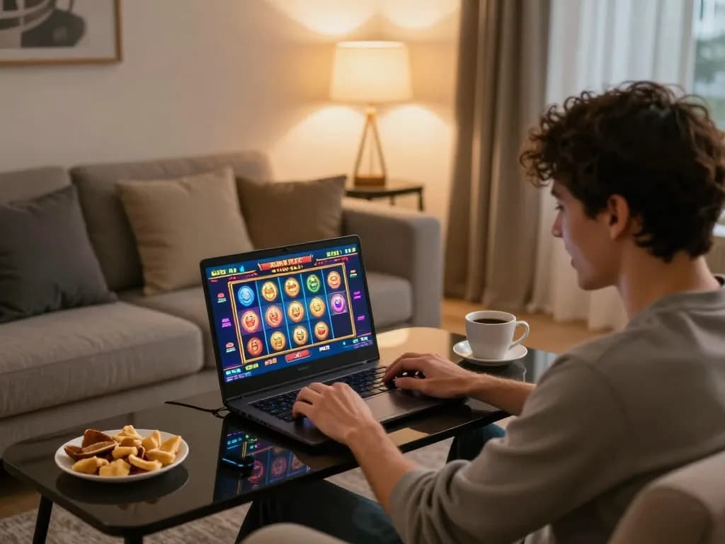 Dabet online gaming scene with a player enjoying vibrant slot games in a cozy living room.