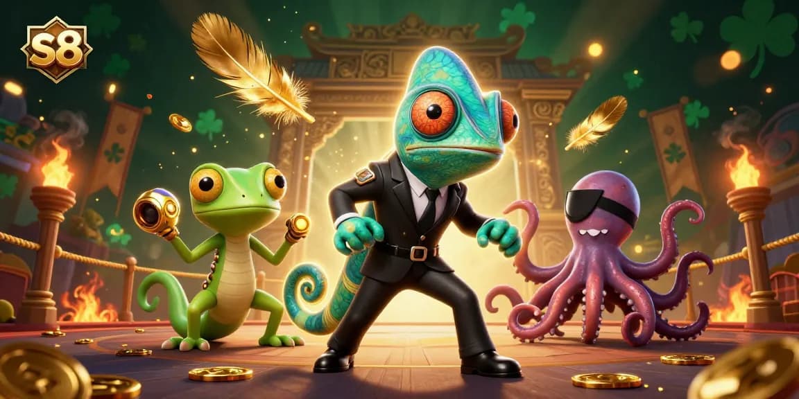 S8 engages players in a lively casino world with dynamic chameleon, gadgeted gecko, and villainous octopus amidst vibrant gaming elements.