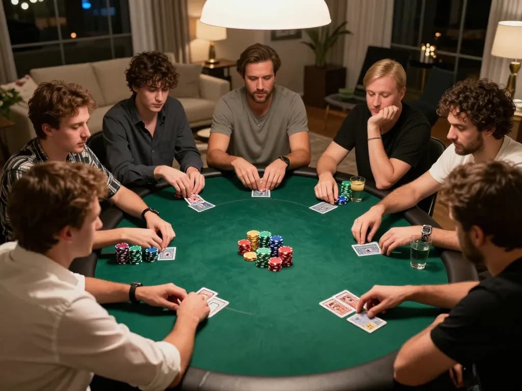 Players strategizing at 79king poker table during a lively home game night