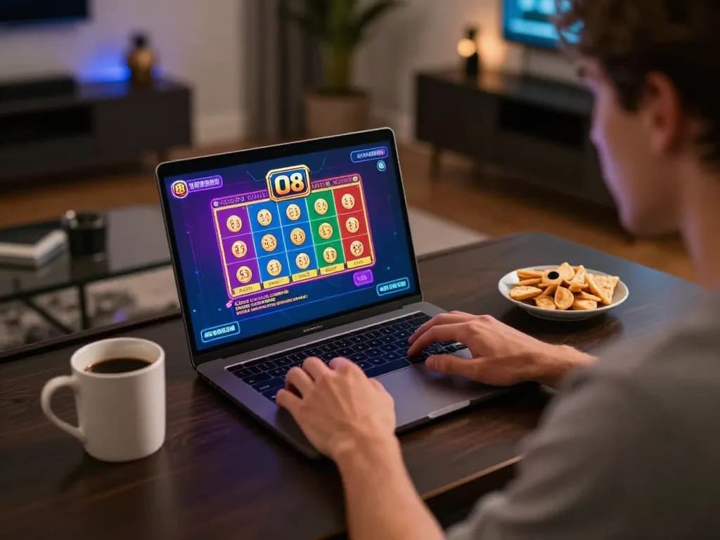Player enjoying O8 online casino games on a laptop in a cozy home setting with snacks.