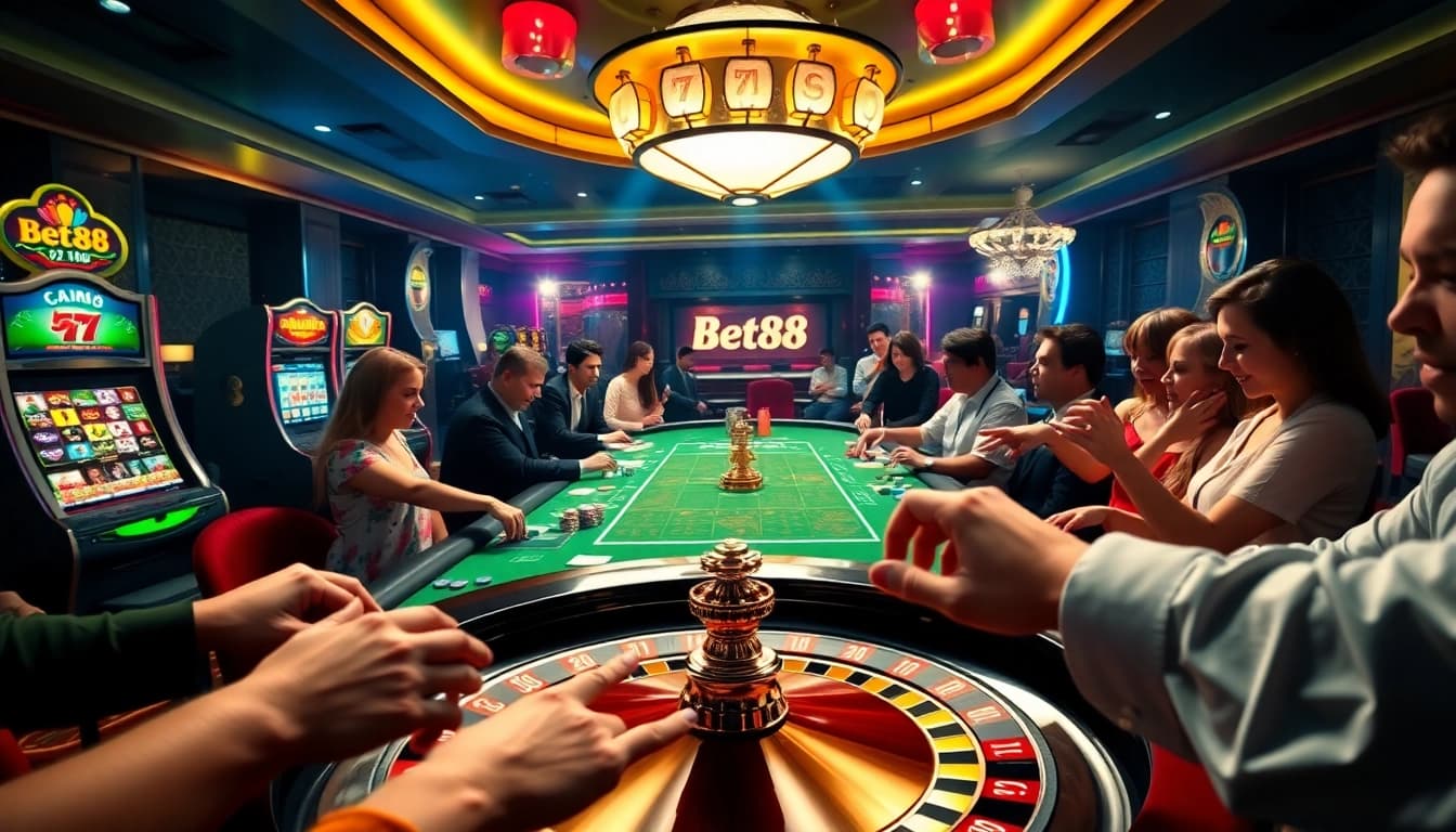 Exciting Bet88 com casino scene with players at a vibrant gaming table, showcasing high-stakes action.