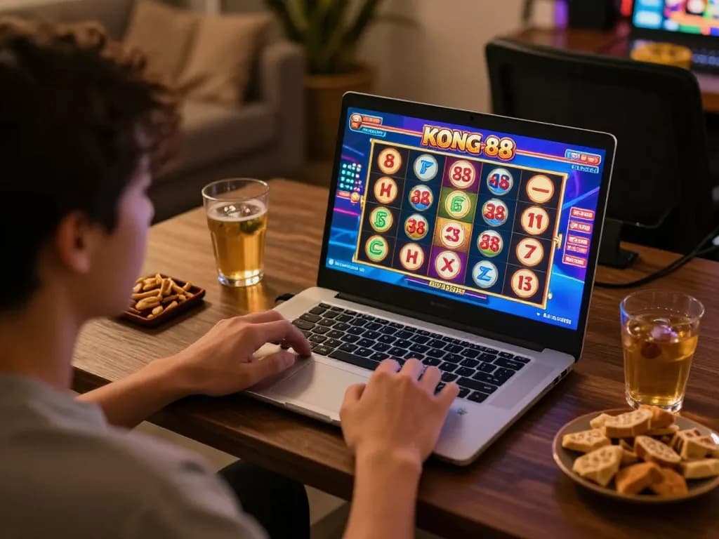 KONG 88 online gaming experience showing a player enjoying slot games on a laptop in a cozy setting