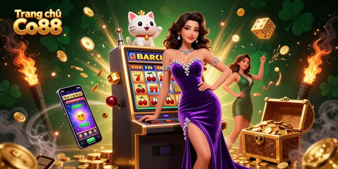 Engage with thrilling jackpots on Trang chủ Co88 featuring a glamorous slot scene with coins and excitement.