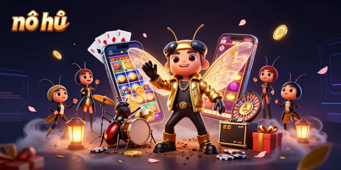 Spin to win with nổ hũ as a 3D cicada rock star leads a vibrant casino scene!