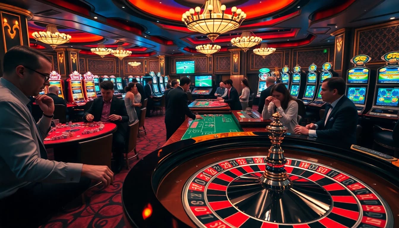 Spectators enjoy live soccer matches on https://socolive.mobi/ in a vibrant casino environment featuring roulette and slot machines.