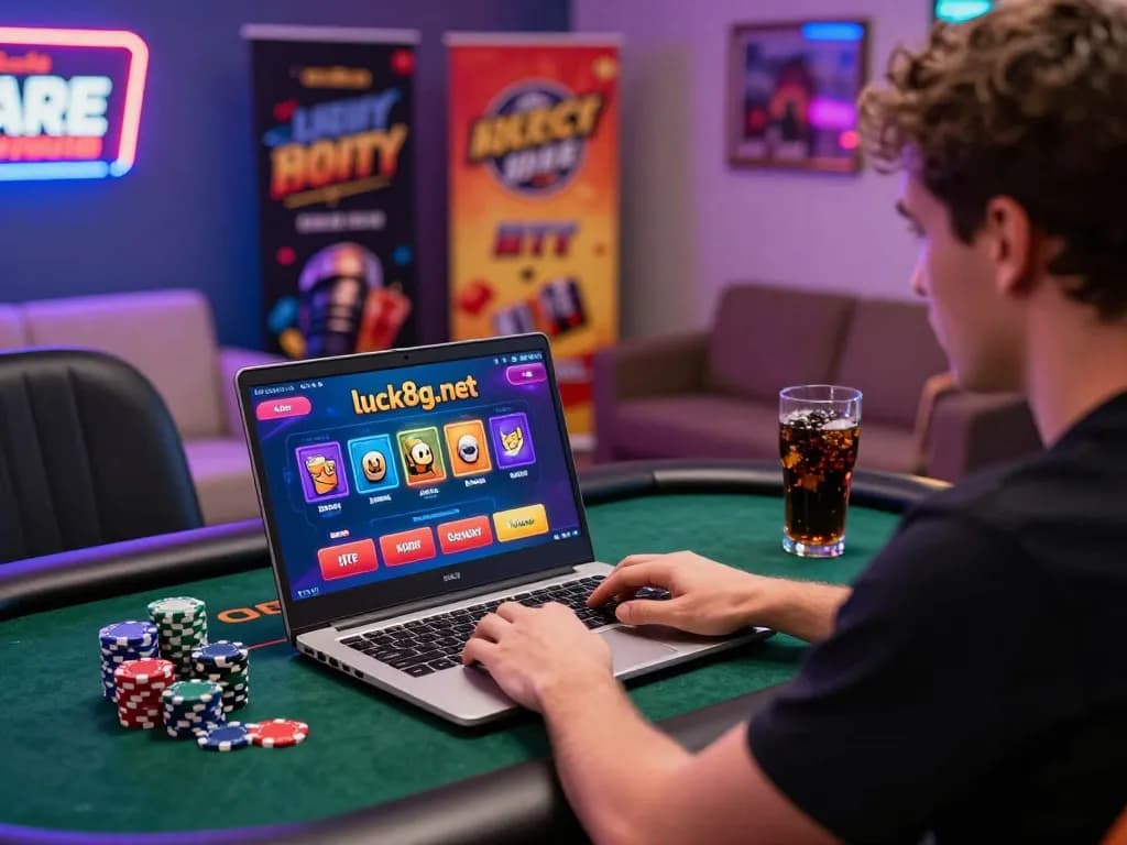 Engaged player enjoying online gaming experience at https://luck8g.net in a vibrant neon-lit atmosphere.