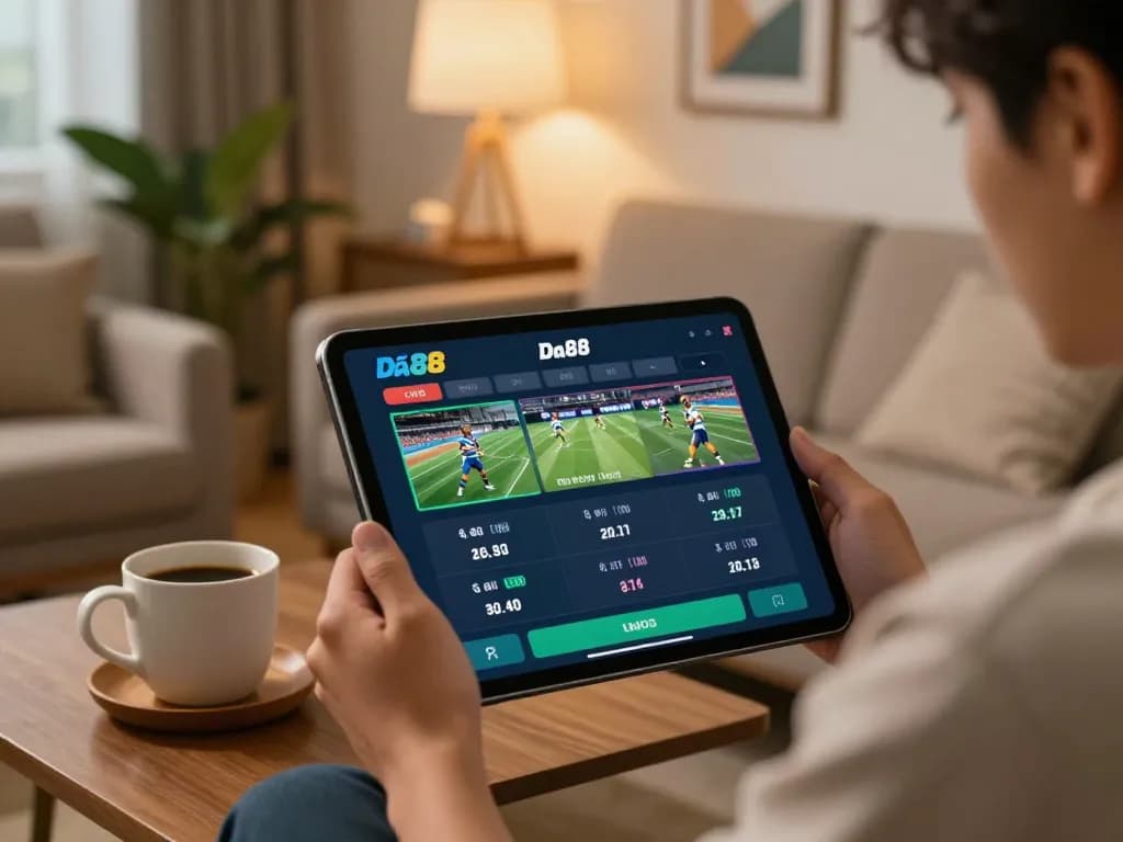 Cá cược Da88 sports betting action with user engaging on tablet, showcasing live odds.