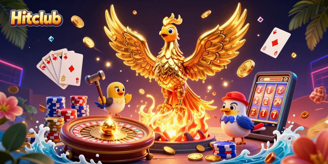 Hitclub showcases an engaging casino experience with vibrant artwork, golden phoenix, and thrilling game elements.