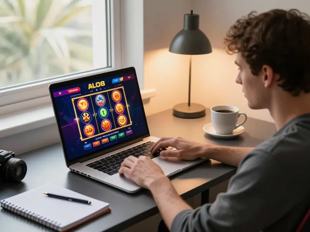 Player engaging with ALO8 online slot games on laptop, strategizing for optimal gaming experience