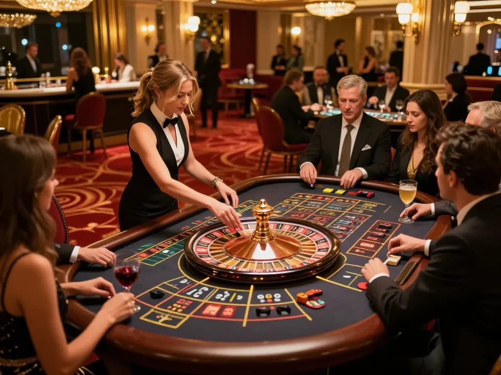Nohu guests placing bets at a roulette table in a luxury casino, vibrant atmosphere with elegant decor.