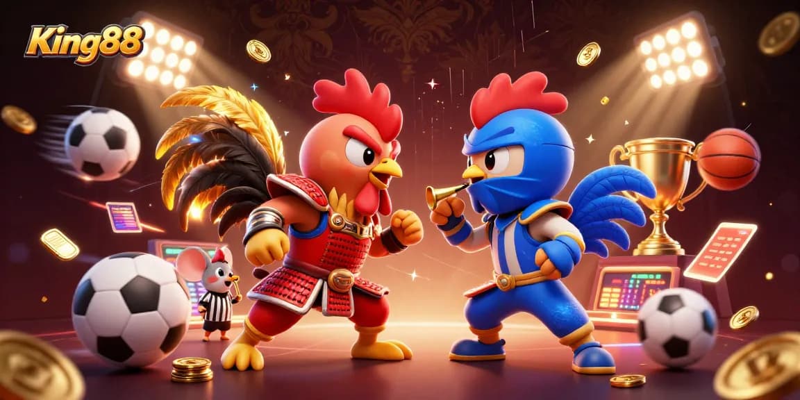 Experience thrilling cockfighting action with King88's dynamic 3D illustration featuring vibrant characters and game-related elements.