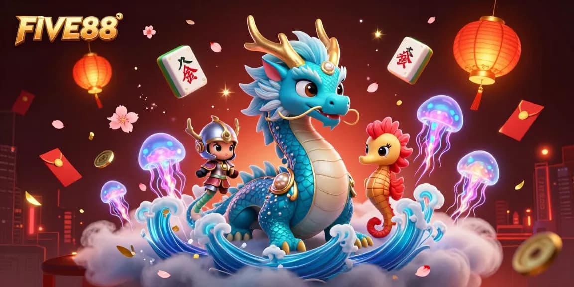 Engage in exhilarating online gambling at FIVE88, featuring captivating dragon and seahorse characters in vibrant casino scene.
