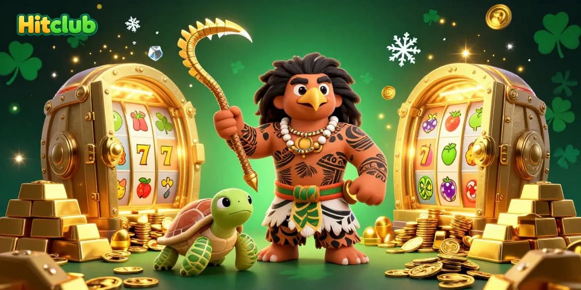 Hitclub showcases a vibrant 3D scene with a demigod, turtle, and casino elements, celebrating the world of gaming.