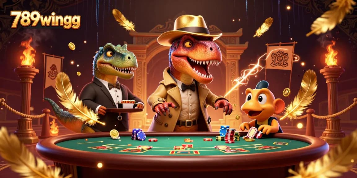 Experience thrilling gameplay with 789wingg's cartoon velociraptor and stegosaurus at the casino.