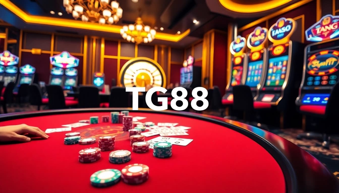 Players enjoying a vibrant poker game at a casino featuring TG88-themed decor and lively atmosphere.