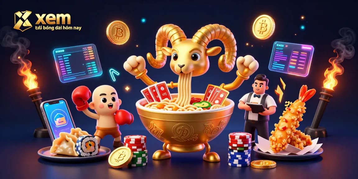 xem kết quả bóng đá hôm nay in a vibrant 3D digital illustration showcasing a giant ramen bowl dealer and crypto elements.