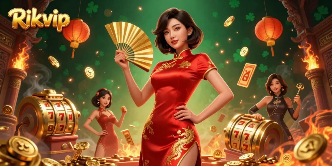 Experience thrilling gameplay at Rikvip with vibrant slot machines and festive decorations.