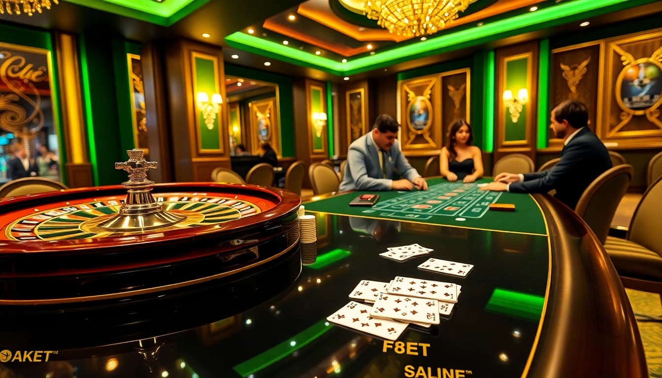 F8BET online gaming interface featuring a vibrant casino scene with poker chips and cards.