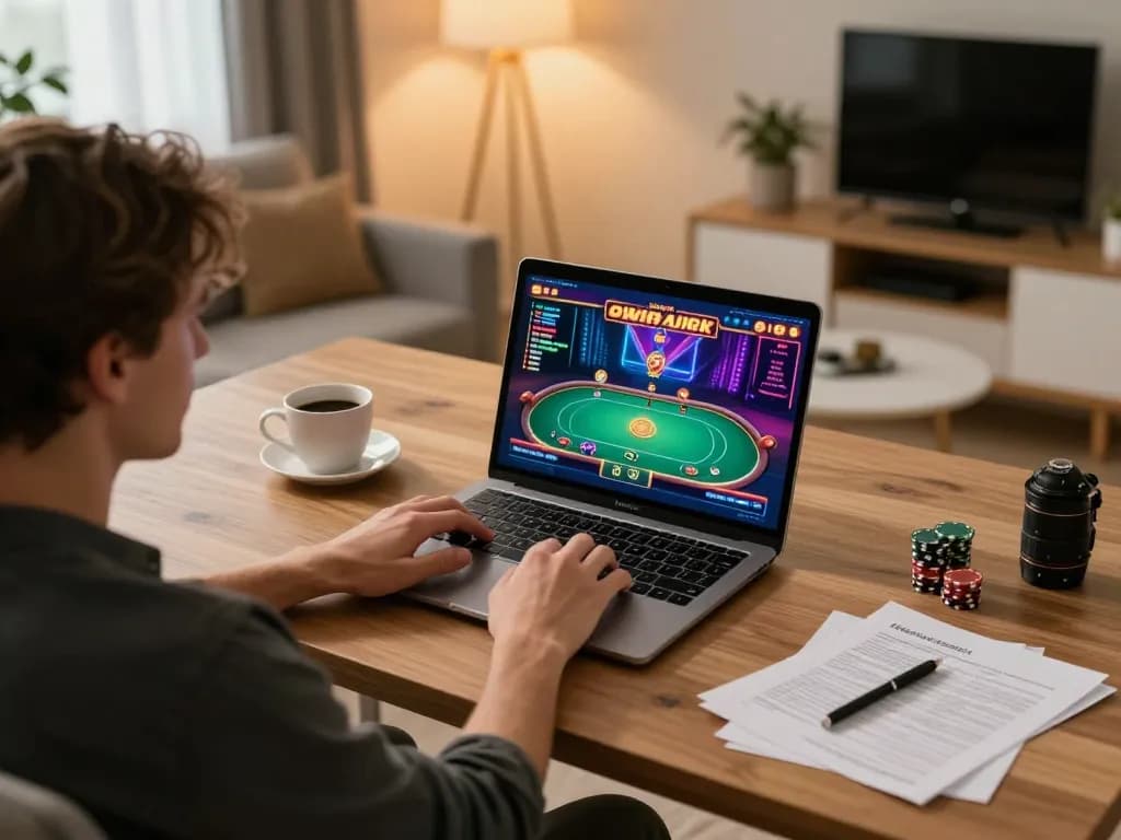Player engaging with cm88 online poker game at home, showcasing vibrant graphics and strategy notes for responsible gaming.