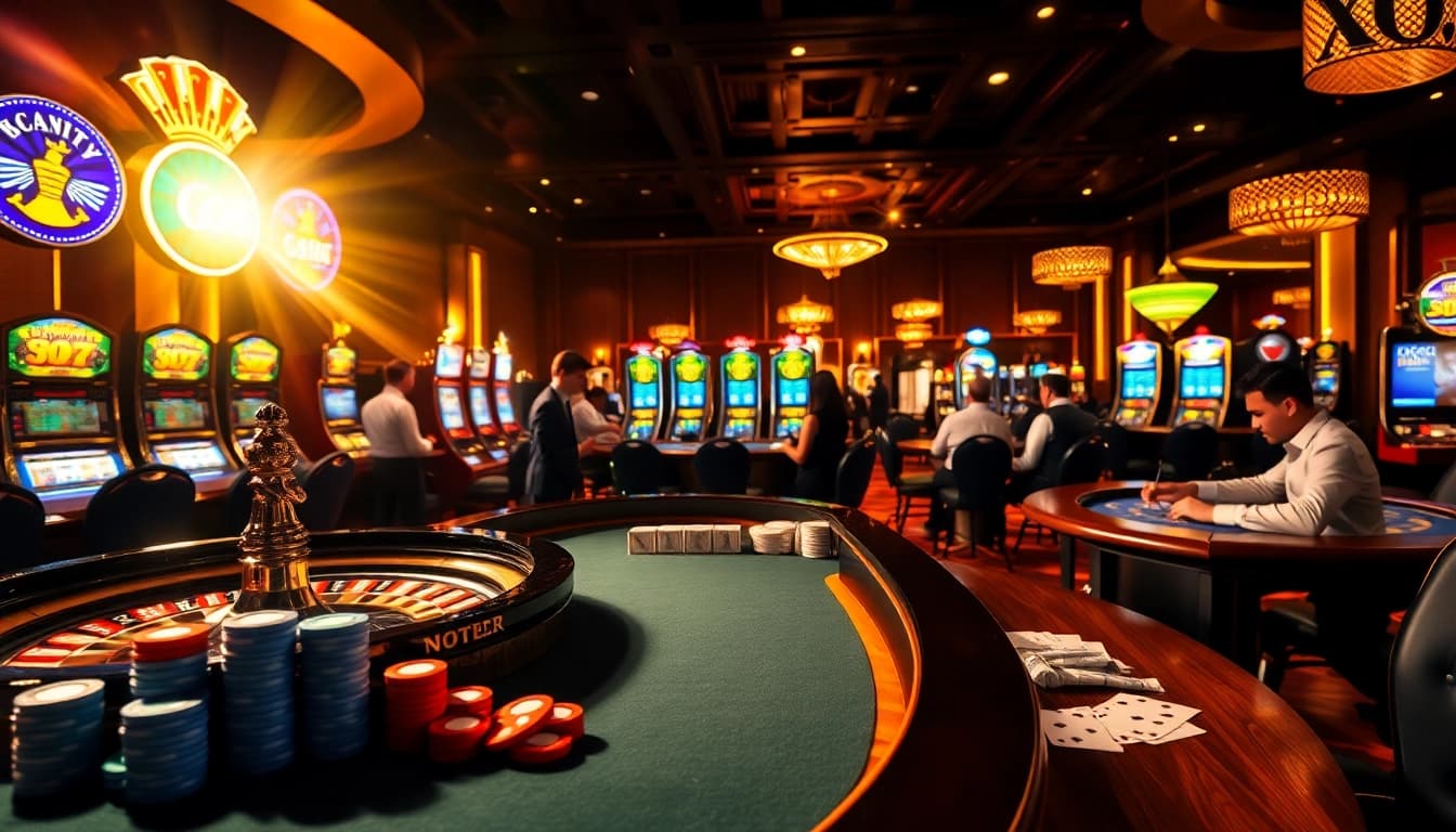 GO8 casino gaming table with vibrant poker chips and roulette wheel in an upscale setting
