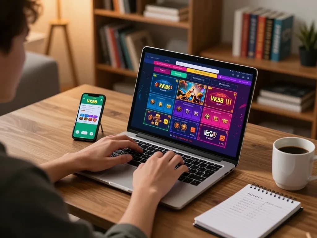 VK88 online gambling session showcasing a player engaged in strategy and gameplay on laptop.