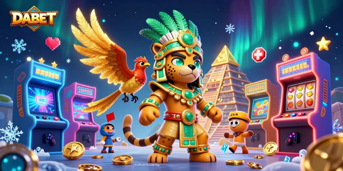 DABET players enjoy vibrant slots and jackpots in a dynamic 3D casino scene.