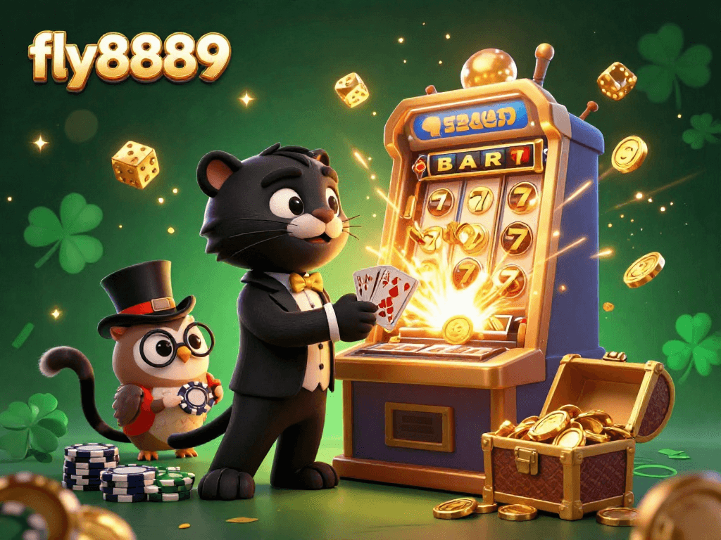 Engage with fly8889's vibrant 3D illustration showcasing a black panther dealer surrounded by exciting casino elements and characters.