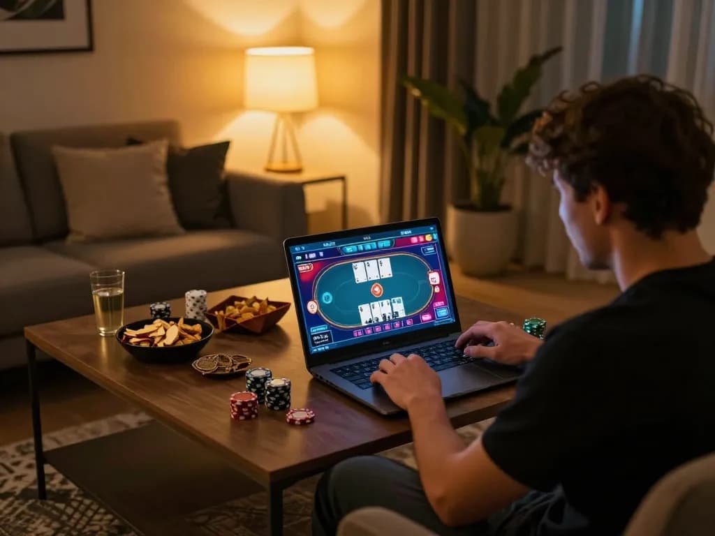 Playing poker online at 123B with an engaging interface in a cozy living space