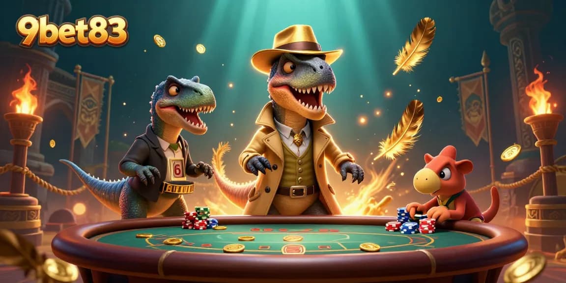 Bet on a thrilling scene at 9bet83 with a velociraptor at the blackjack table surrounded by action.