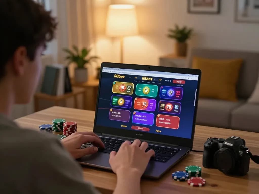 Engaged player strategizing on 88bet's online casino platform in a cozy home setting.