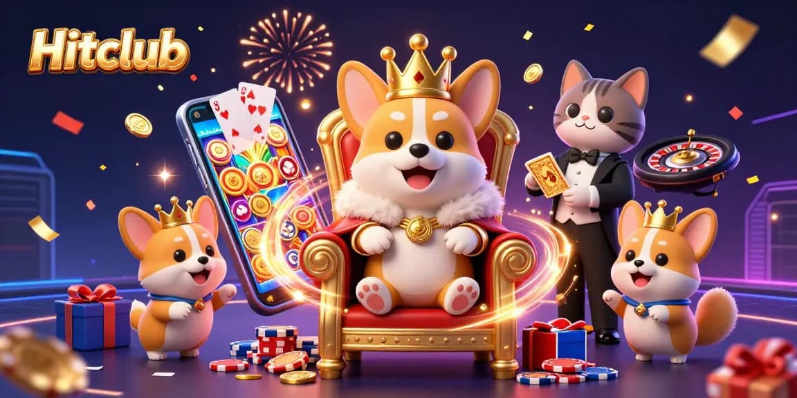 Hitclub offers immersive slot game experiences with a colorful 3D rendering featuring a royal corgi surrounded by vibrant casino elements.