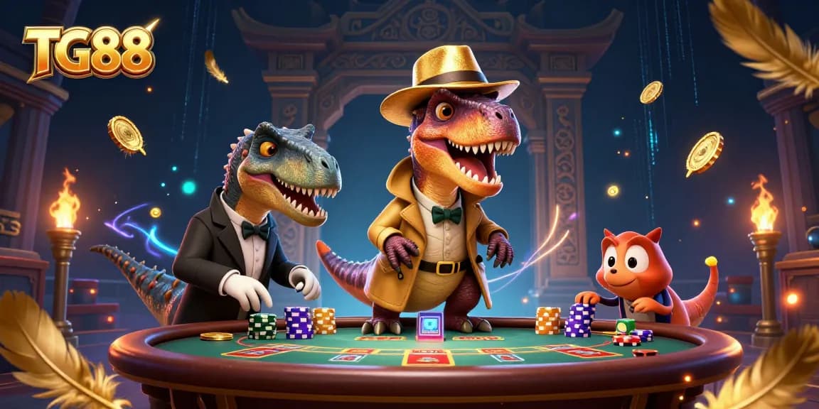 TG88 velociraptor card counter at a blackjack table, surrounded by gold tokens and energetic casino atmosphere.