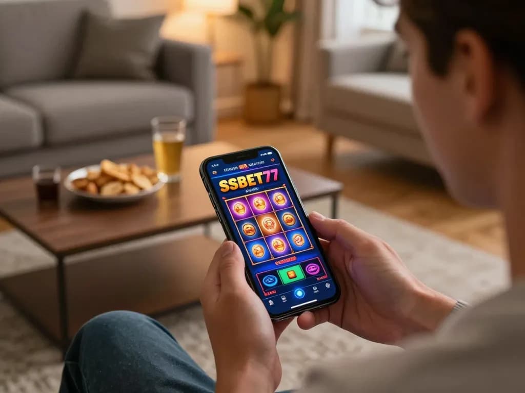 Player enjoying the SSBET77 app on a smartphone while relaxing at home, illustrating mobile gaming.