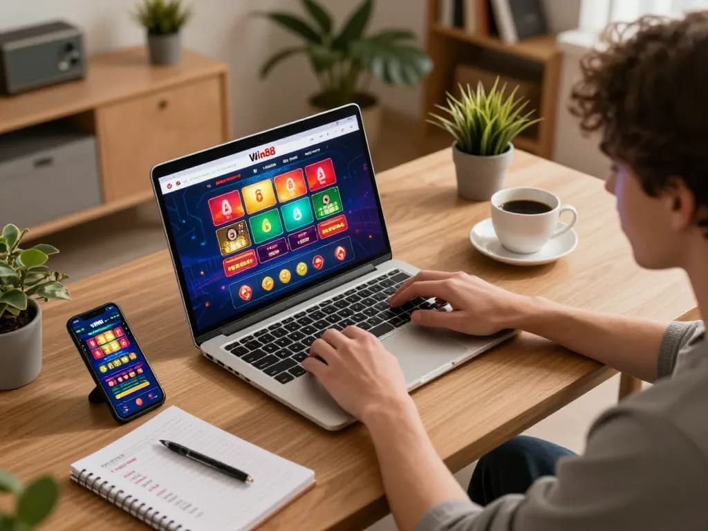 Engaging online gaming experience at https://win88.cfd/ with a person using a laptop for casino gameplay and strategic notes.