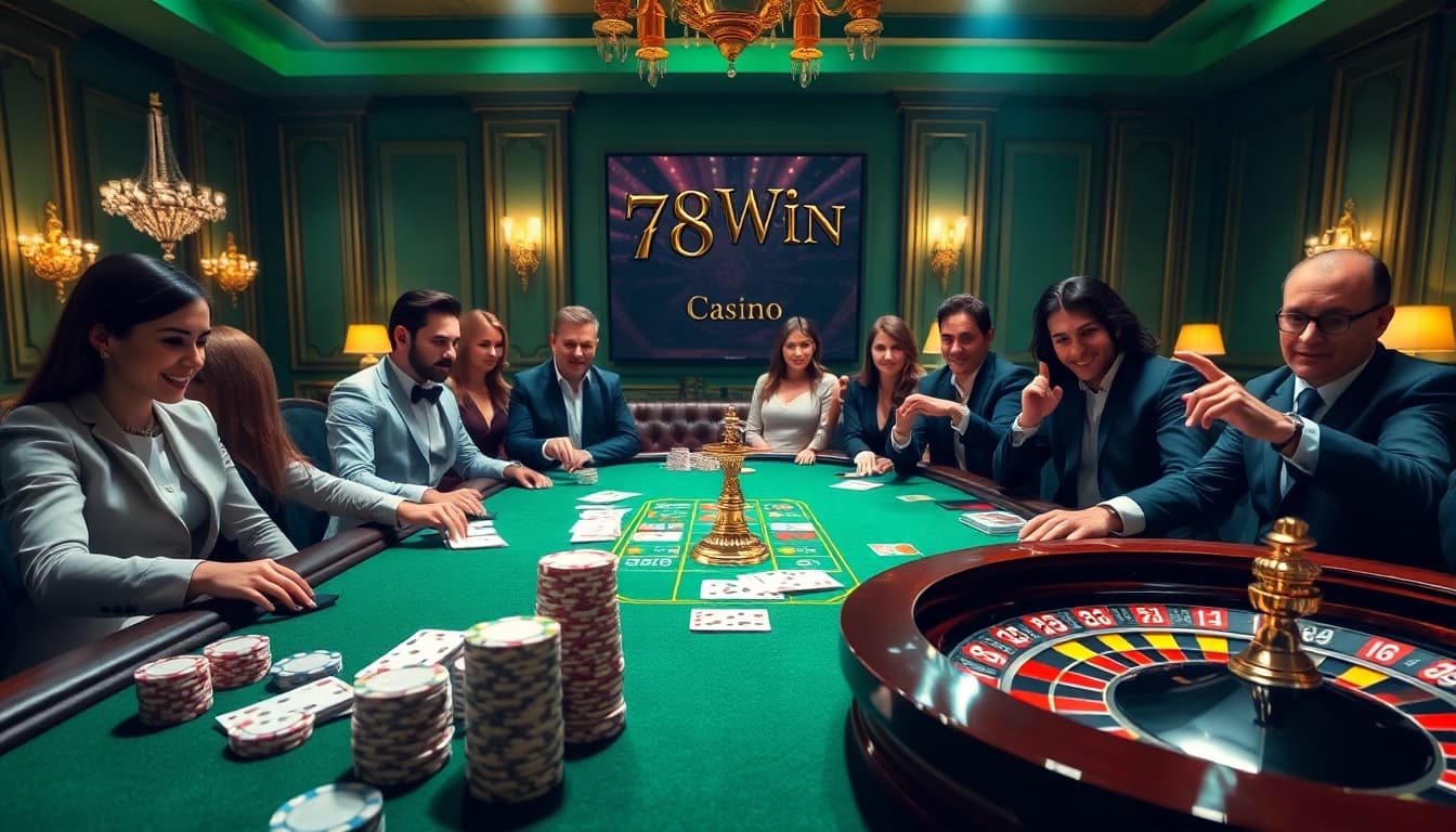 78Win poker table scene with vibrant chips and cards, showcasing casino thrills.