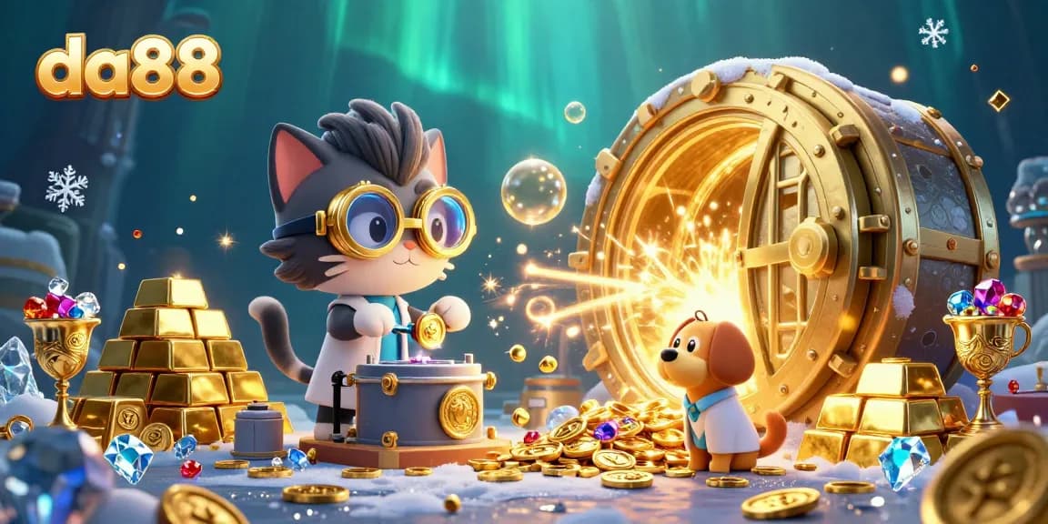 Experience thrilling gaming at da88 with a mad scientist cat creating gold coins in a dazzling casino.