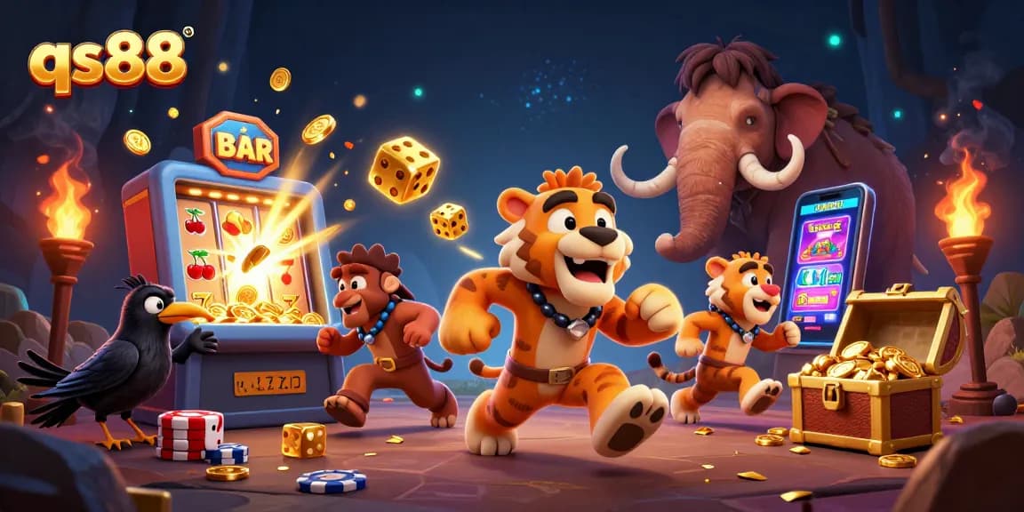 qs88 celebrates a colorful casino scene with a caveman duo, slot machine, and vibrant game elements.