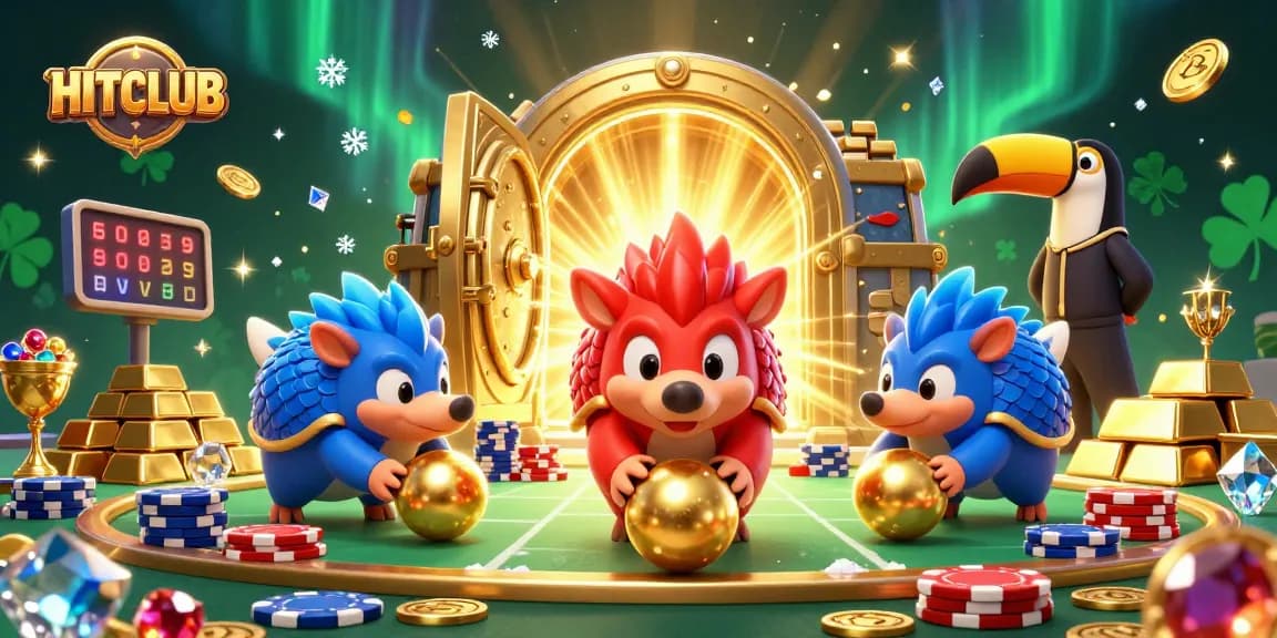 Engage with HITCLUB's vibrant gaming experience as pangolins roll through poker chips amidst treasures.