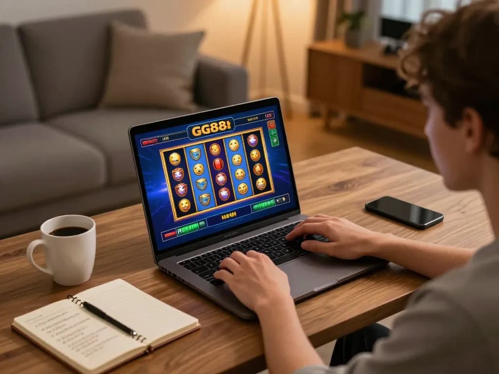 Player enjoying a thrilling online gaming experience on gg88 platform with colorful slot reels.