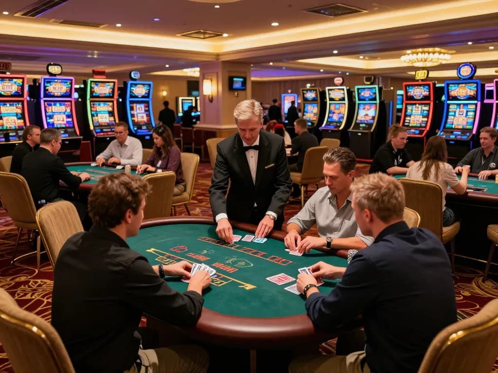 Players strategically betting at blackjack tables in a vibrant casino, showcasing SC88 atmosphere and excitement.