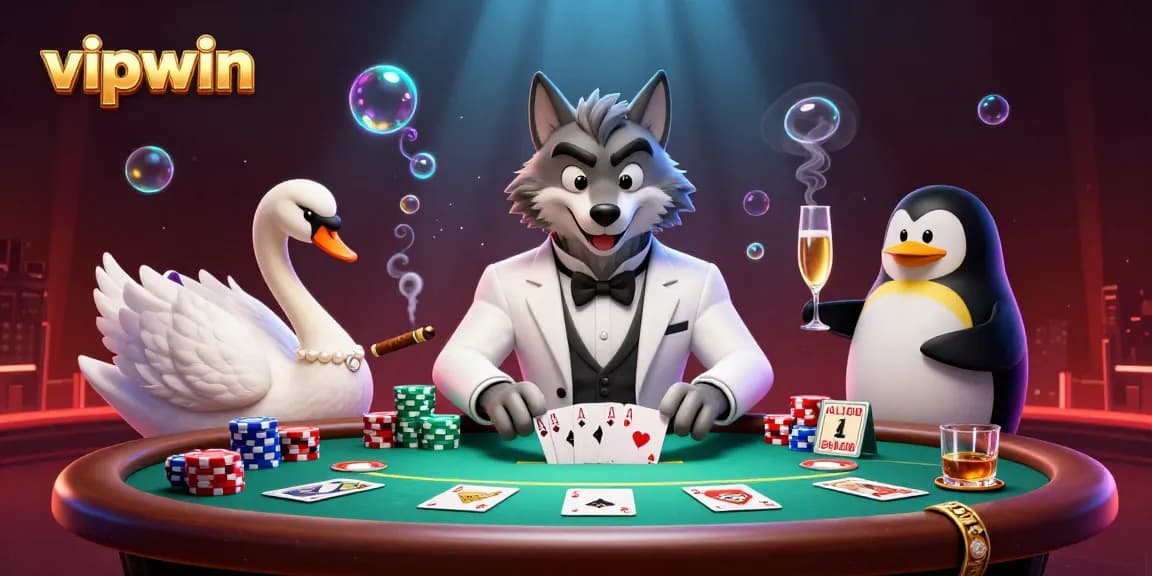 Experience vipwin with a lively 3D casino scene depicting characters, cards, and vibrant poker elements.