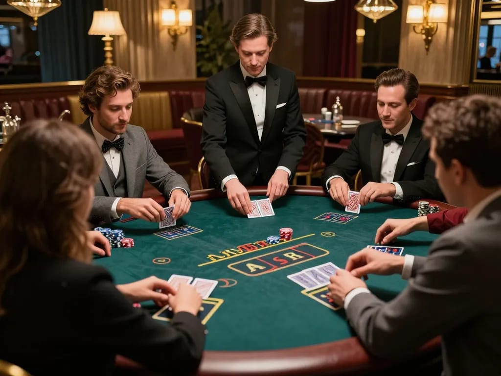 Players strategizing their bets at a blackjack table, showcasing 3win.com for thrilling casino experiences