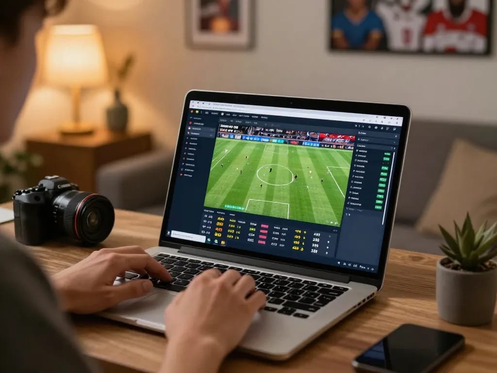 Lương Sơn TV user placing bets on live football matches in a cozy home office setting