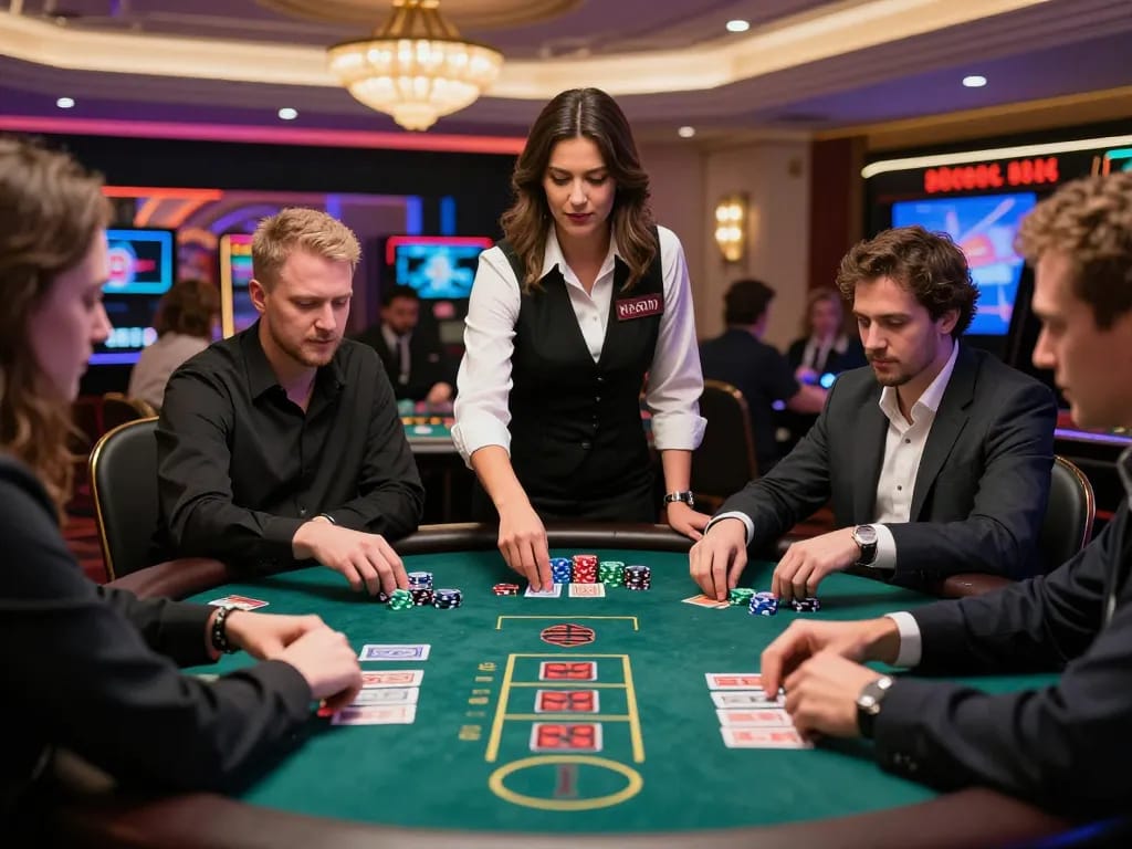 Dabet players engaging in a high-stakes blackjack game with a professional dealer in a luxurious casino.
