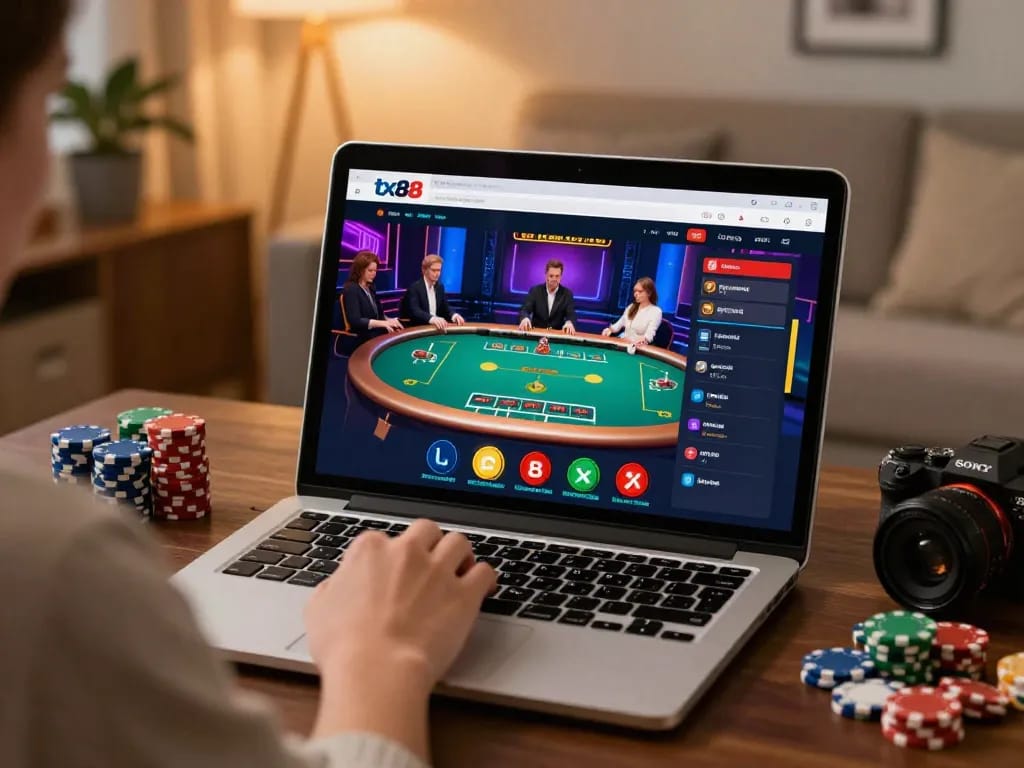 Engaging online gameplay at tx88 with laptop, showcasing dynamic betting and strategy.